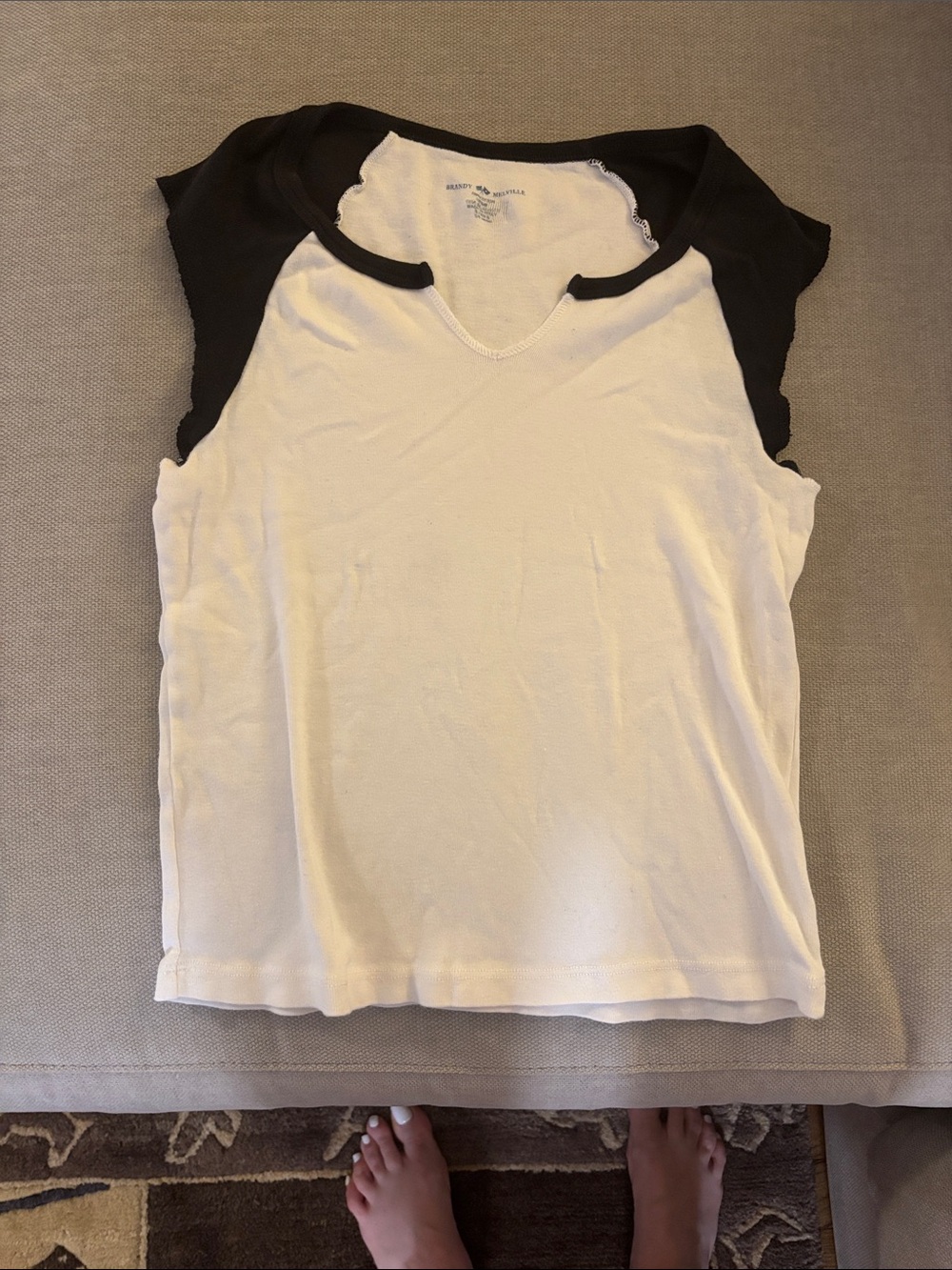 Brandy Melville Women’s Contrast Cap-Sleeve Top in White and Black